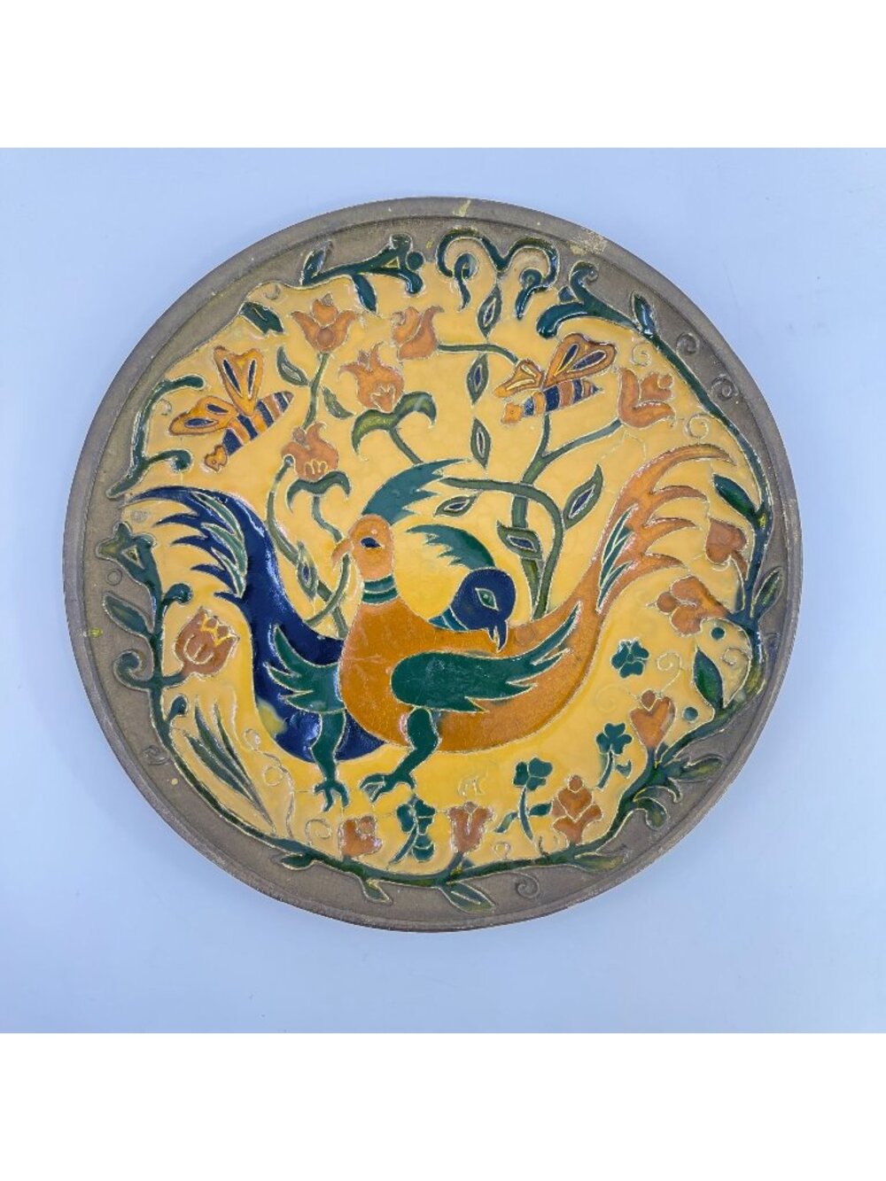 vintage handcrafted enameled plate featuring birds & floral motif on brass